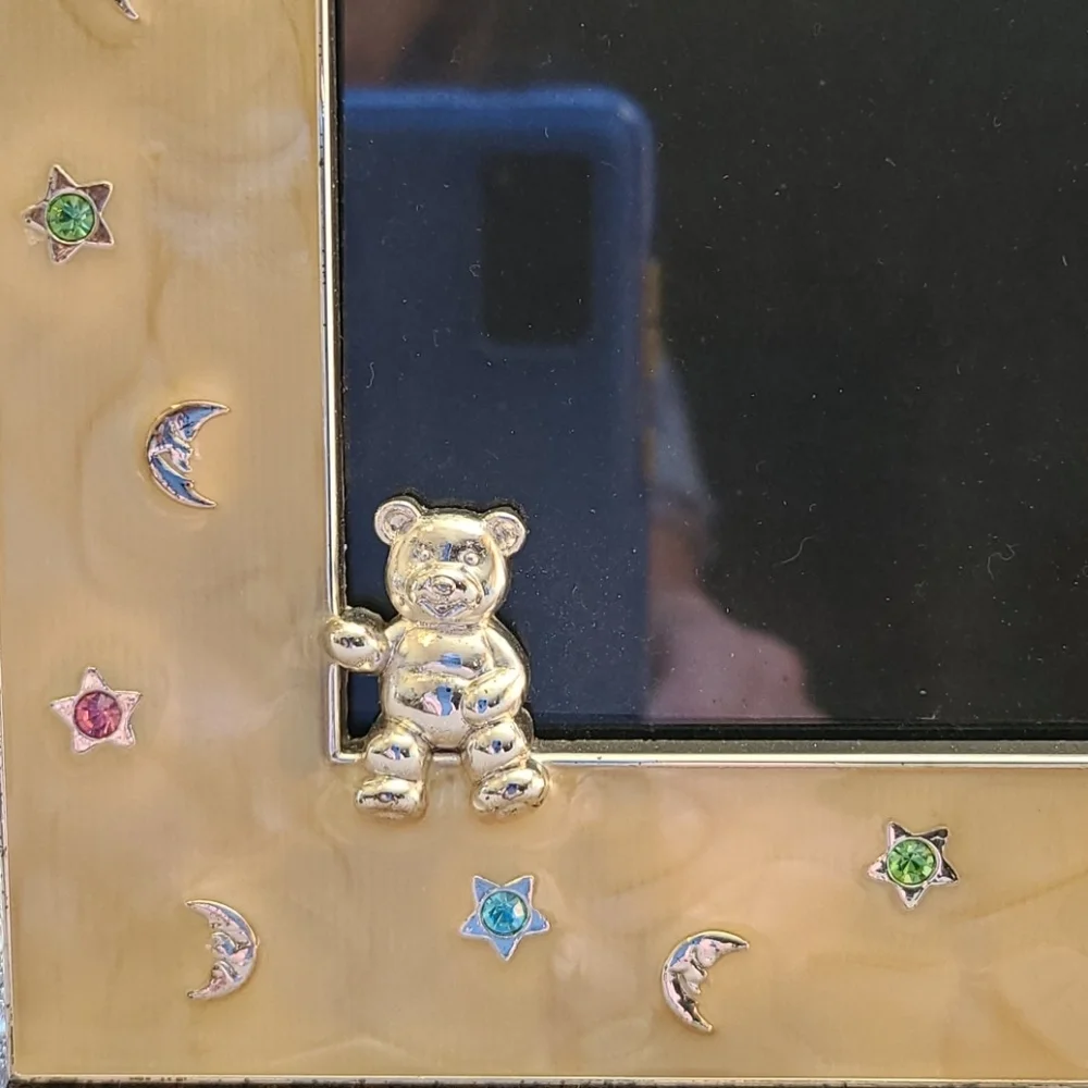 4 photo picture frame w teddy bear & crystals